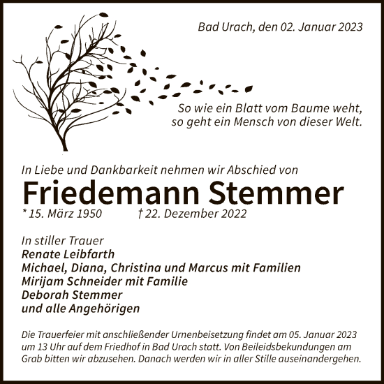 Anzeige von Friedemann Stemmer von Reutlinger General-Anzeiger