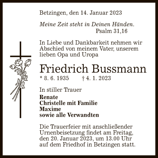 Anzeige von Friedrich Bussmann von Reutlinger General-Anzeiger