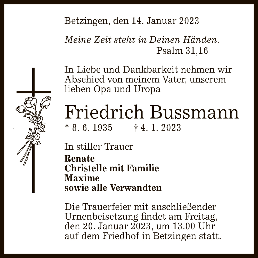  Traueranzeige für Friedrich Bussmann vom 14.01.2023 aus Reutlinger General-Anzeiger