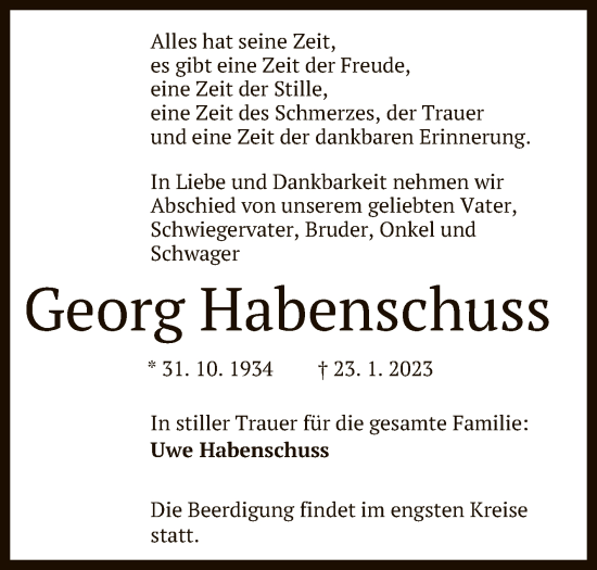 Anzeige von Georg Habenschuss von Reutlinger General-Anzeiger