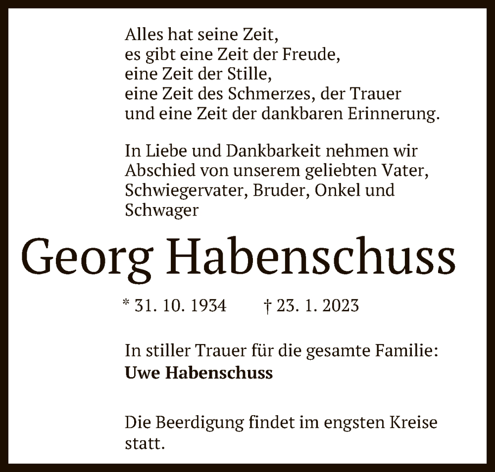 Traueranzeige für Georg Habenschuss vom 27.01.2023 aus Reutlinger General-Anzeiger