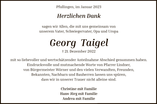 Anzeige von Georg Taigel von Reutlinger General-Anzeiger