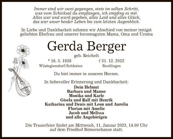 Anzeige von Gerda Berger von Reutlinger General-Anzeiger