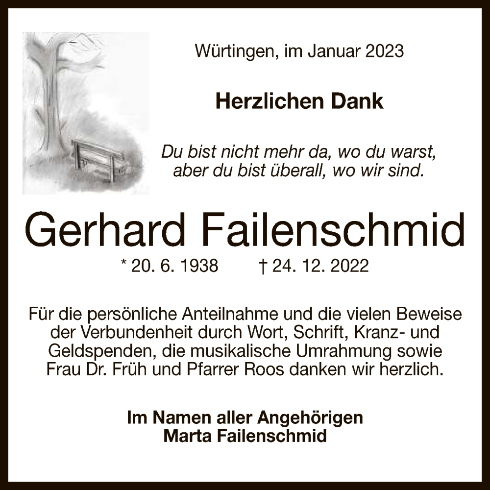  Traueranzeige für Gerhard Failenschmid vom 27.01.2023 aus Reutlinger General-Anzeiger