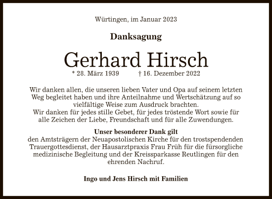 Anzeige von Gerhard Hirsch von Reutlinger General-Anzeiger