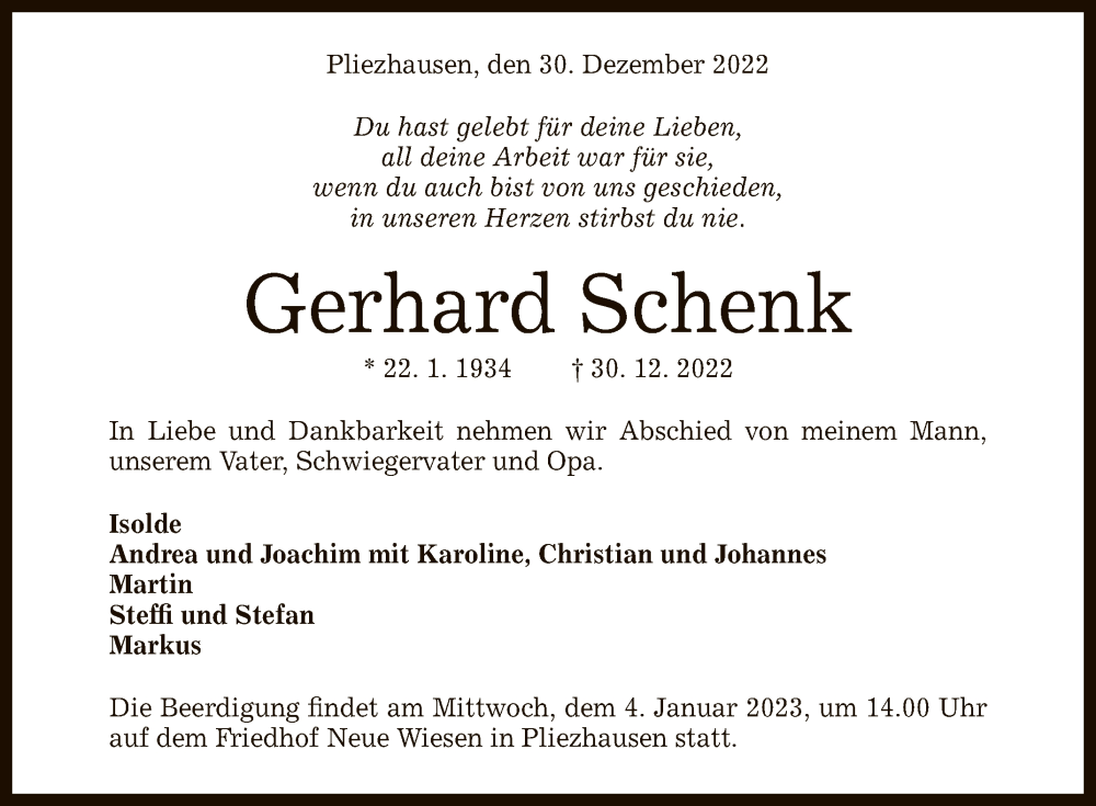  Traueranzeige für Gerhard Schenk vom 03.01.2023 aus Reutlinger General-Anzeiger