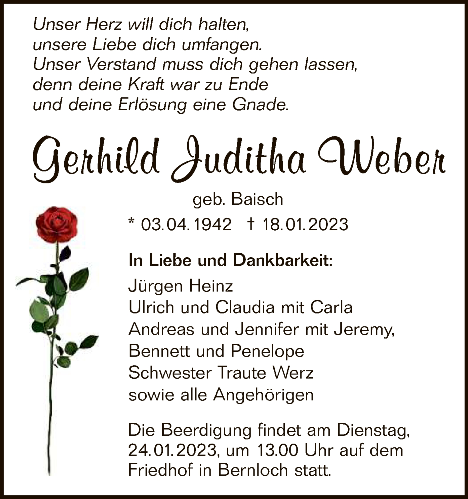  Traueranzeige für Gerhild Juditha Weber vom 21.01.2023 aus Reutlinger General-Anzeiger