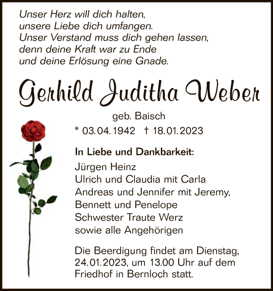 Anzeige von Gerhild Juditha Weber von Reutlinger General-Anzeiger