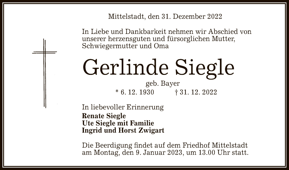  Traueranzeige für Gerlinde Siegle vom 05.01.2023 aus Reutlinger General-Anzeiger