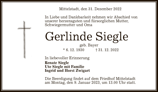 Anzeige von Gerlinde Siegle von Reutlinger General-Anzeiger