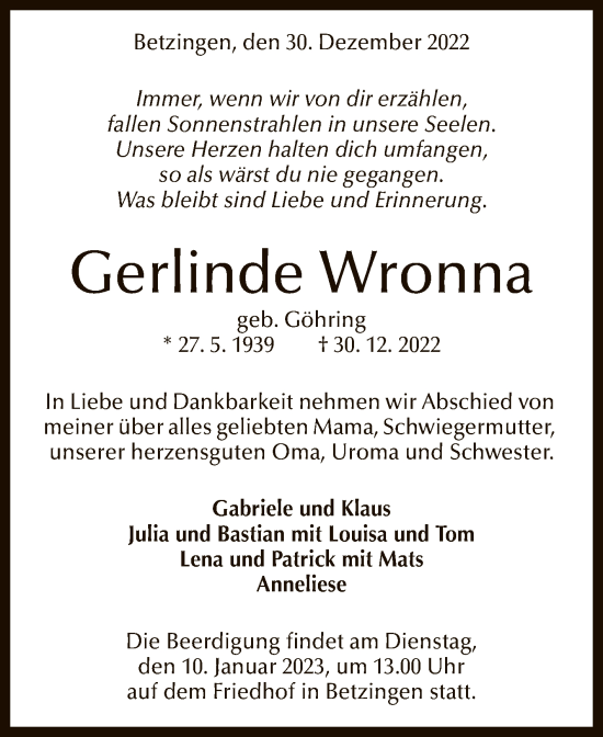 Anzeige von Gerlinde Wronna von Reutlinger General-Anzeiger