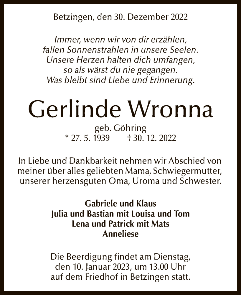  Traueranzeige für Gerlinde Wronna vom 07.01.2023 aus Reutlinger General-Anzeiger