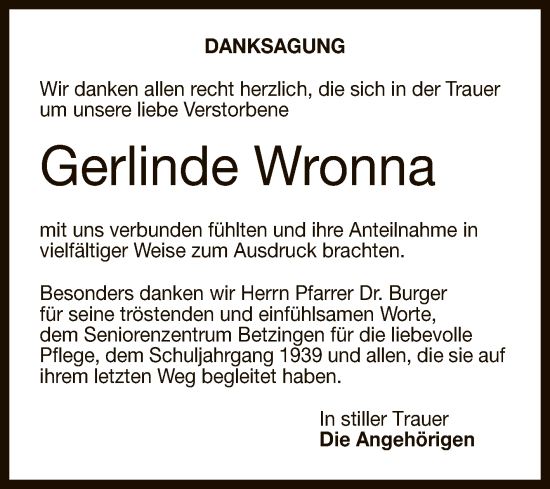 Anzeige von Gerlinde Wronna von Reutlinger General-Anzeiger