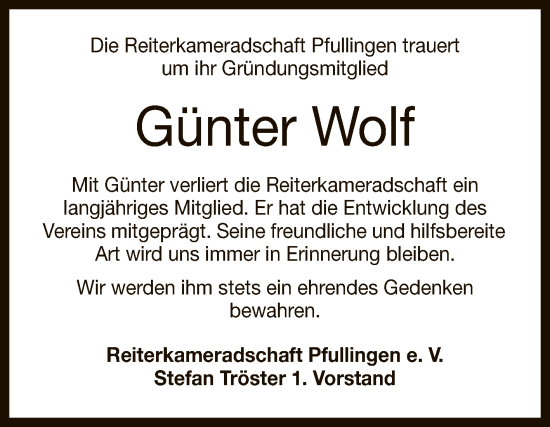 Anzeige von Günter Wolf von Reutlinger General-Anzeiger