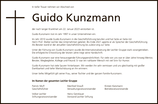 Anzeige von Guido Kunzmann von Reutlinger General-Anzeiger