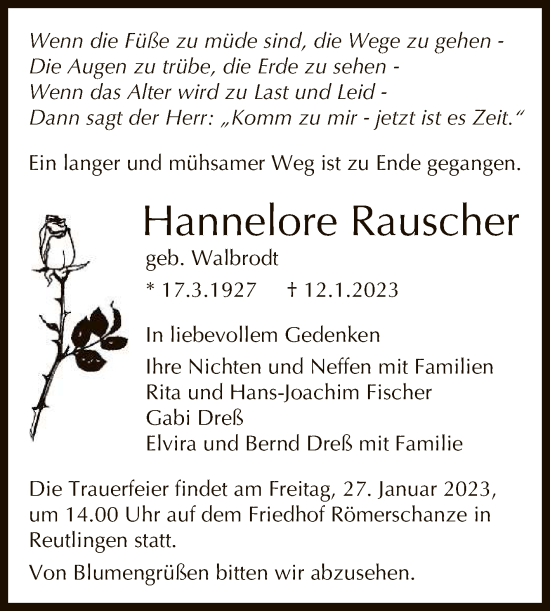 Anzeige von Hannelore Rauscher von Reutlinger General-Anzeiger