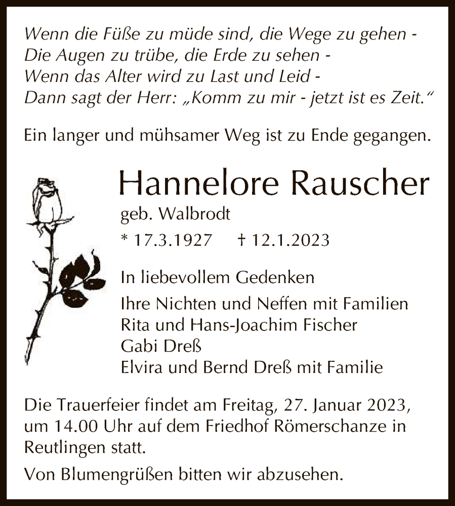  Traueranzeige für Hannelore Rauscher vom 21.01.2023 aus Reutlinger General-Anzeiger