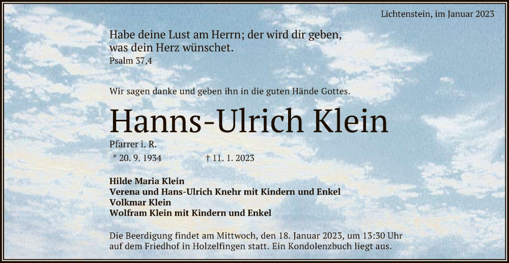  Traueranzeige für Hanns-Ulrich Klein vom 17.01.2023 aus Reutlinger General-Anzeiger