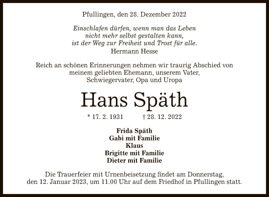 Anzeige von Hans Späth von Reutlinger General-Anzeiger