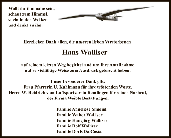 Anzeige von Hans Walliser von Reutlinger General-Anzeiger