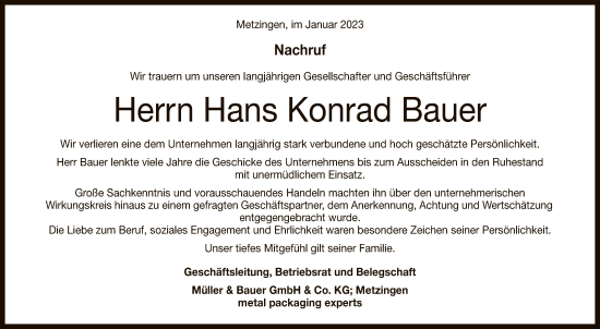 Anzeige von Hans Konrad Bauer von Reutlinger General-Anzeiger