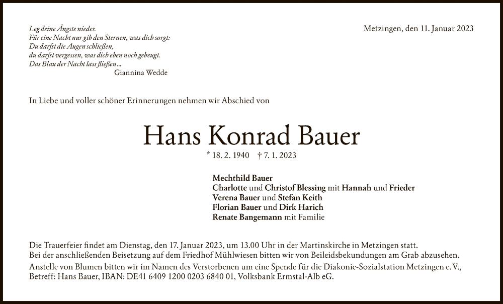  Traueranzeige für Hans Konrad Bauer vom 11.01.2023 aus Reutlinger General-Anzeiger