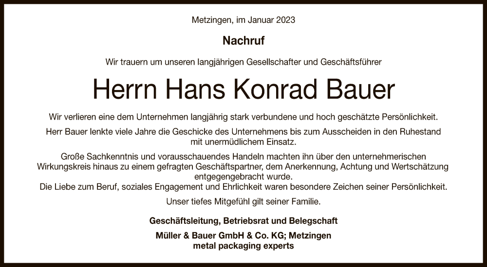  Traueranzeige für Hans Konrad Bauer vom 14.01.2023 aus Reutlinger General-Anzeiger