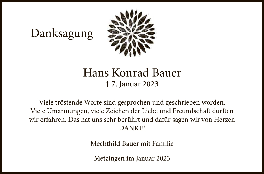  Traueranzeige für Hans Konrad Bauer vom 25.01.2023 aus Reutlinger General-Anzeiger