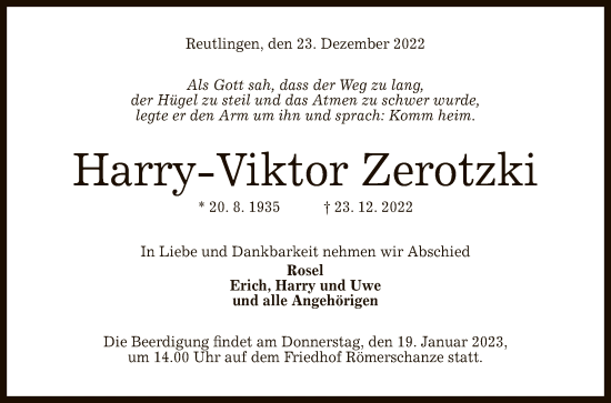 Anzeige von Harry-Viktor Zerotzki von Reutlinger General-Anzeiger