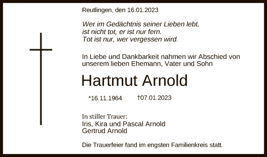 Anzeige von Hartmut Arnold von Reutlinger General-Anzeiger