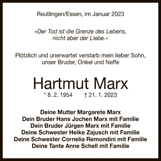 Anzeige von Hartmut Marx von Reutlinger General-Anzeiger