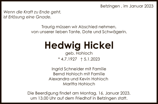 Anzeige von Hedwig Hickel von Reutlinger General-Anzeiger