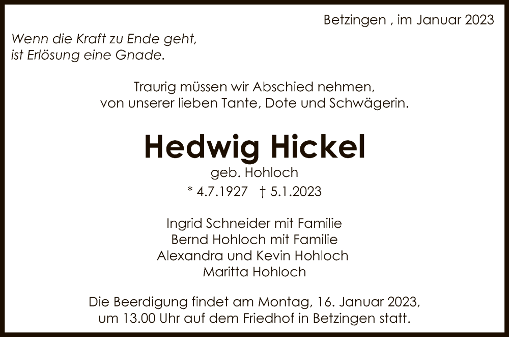  Traueranzeige für Hedwig Hickel vom 12.01.2023 aus Reutlinger General-Anzeiger