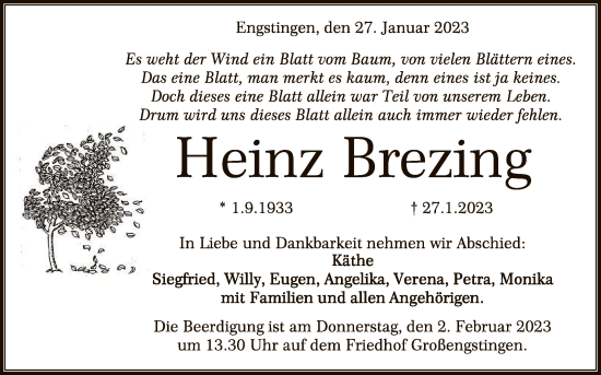 Anzeige von Heinz Brezing von Reutlinger General-Anzeiger