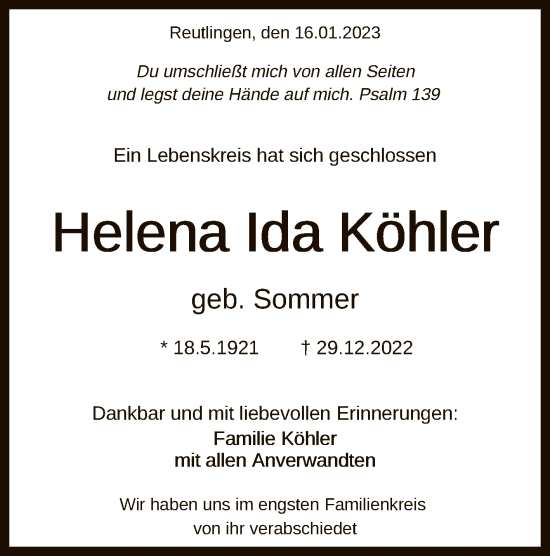 Anzeige von Helena Ida Köhler von Reutlinger General-Anzeiger