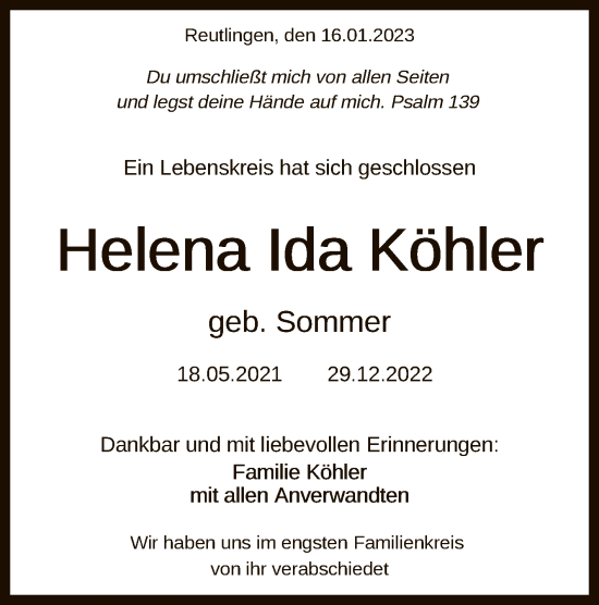 Anzeige von Helena Ida Köhler von Reutlinger General-Anzeiger