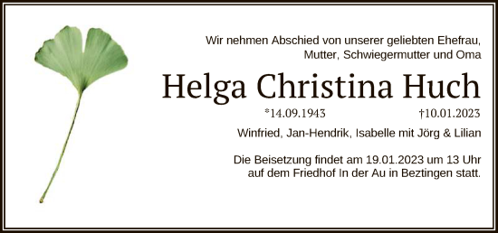 Anzeige von Helga Christina Huch von Reutlinger General-Anzeiger