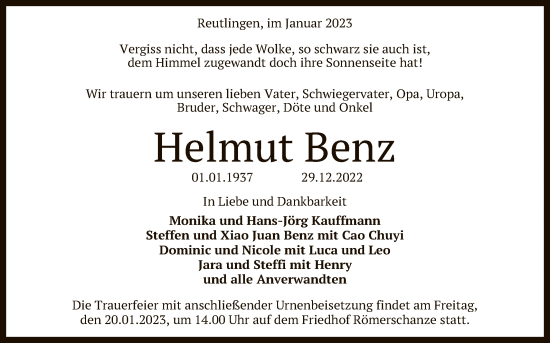 Anzeige von Helmut Benz von Reutlinger General-Anzeiger