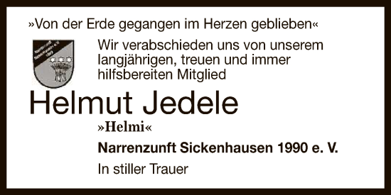 Anzeige von Helmut Jedele von Reutlinger General-Anzeiger