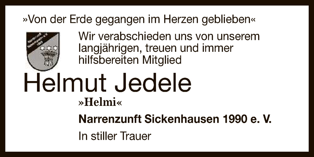  Traueranzeige für Helmut Jedele vom 25.01.2023 aus Reutlinger General-Anzeiger