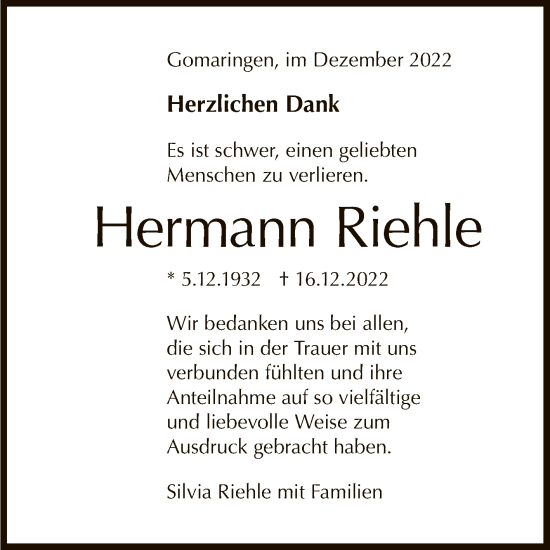 Anzeige von Hermann Riehle von Reutlinger General-Anzeiger