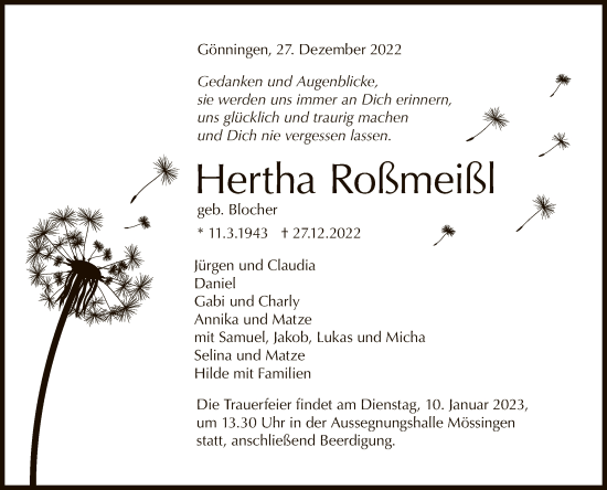 Anzeige von Hertha Roßmeißl von Reutlinger General-Anzeiger