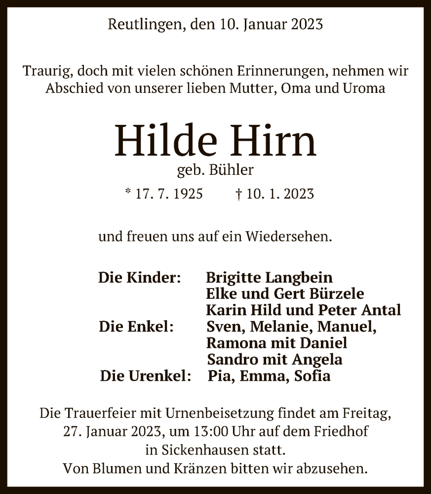  Traueranzeige für Hilde Hirn vom 21.01.2023 aus Reutlinger General-Anzeiger