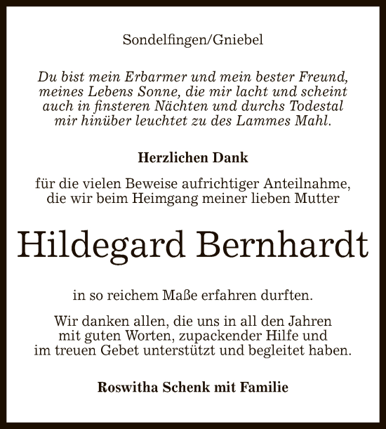 Anzeige von Hildegard Bernhardt von Reutlinger General-Anzeiger