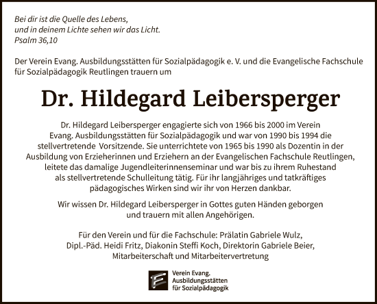 Anzeige von Hildegard Leibersperger von Reutlinger General-Anzeiger
