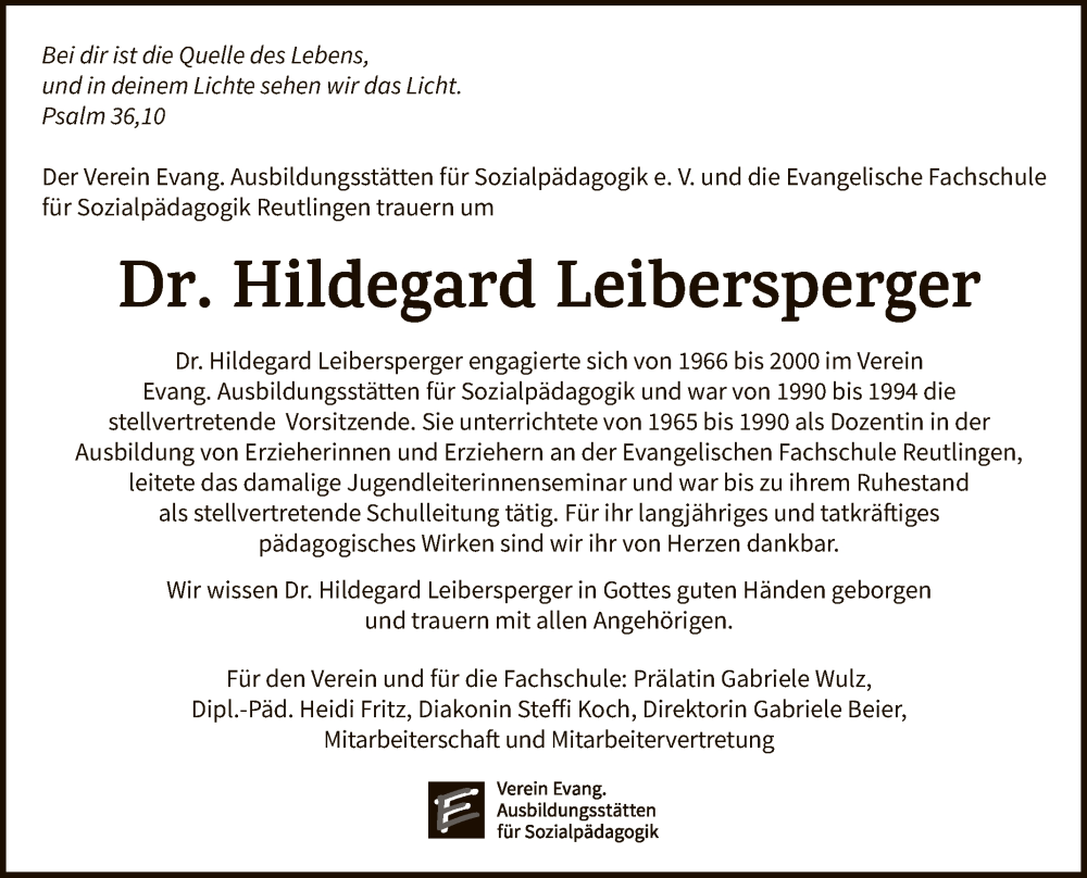  Traueranzeige für Hildegard Leibersperger vom 14.01.2023 aus Reutlinger General-Anzeiger