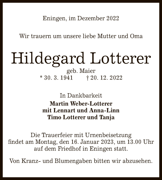 Anzeige von Hildegard Lotterer von Reutlinger General-Anzeiger