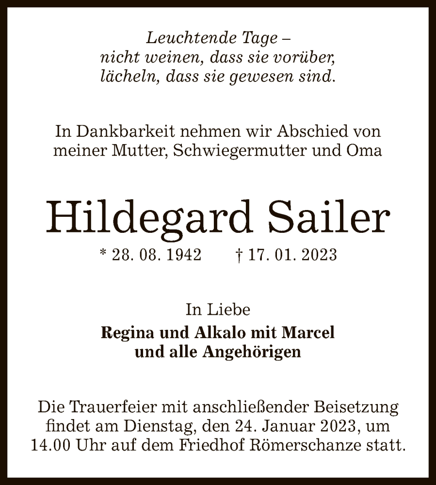  Traueranzeige für Hildegard Sailer vom 21.01.2023 aus Reutlinger General-Anzeiger