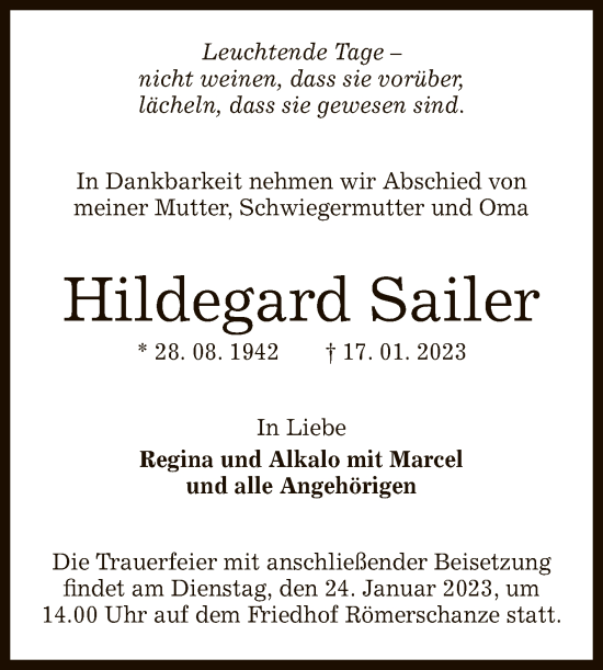 Anzeige von Hildegard Sailer von Reutlinger General-Anzeiger