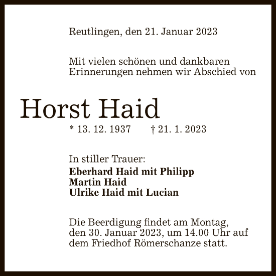 Anzeige von Horst Haid von Reutlinger General-Anzeiger